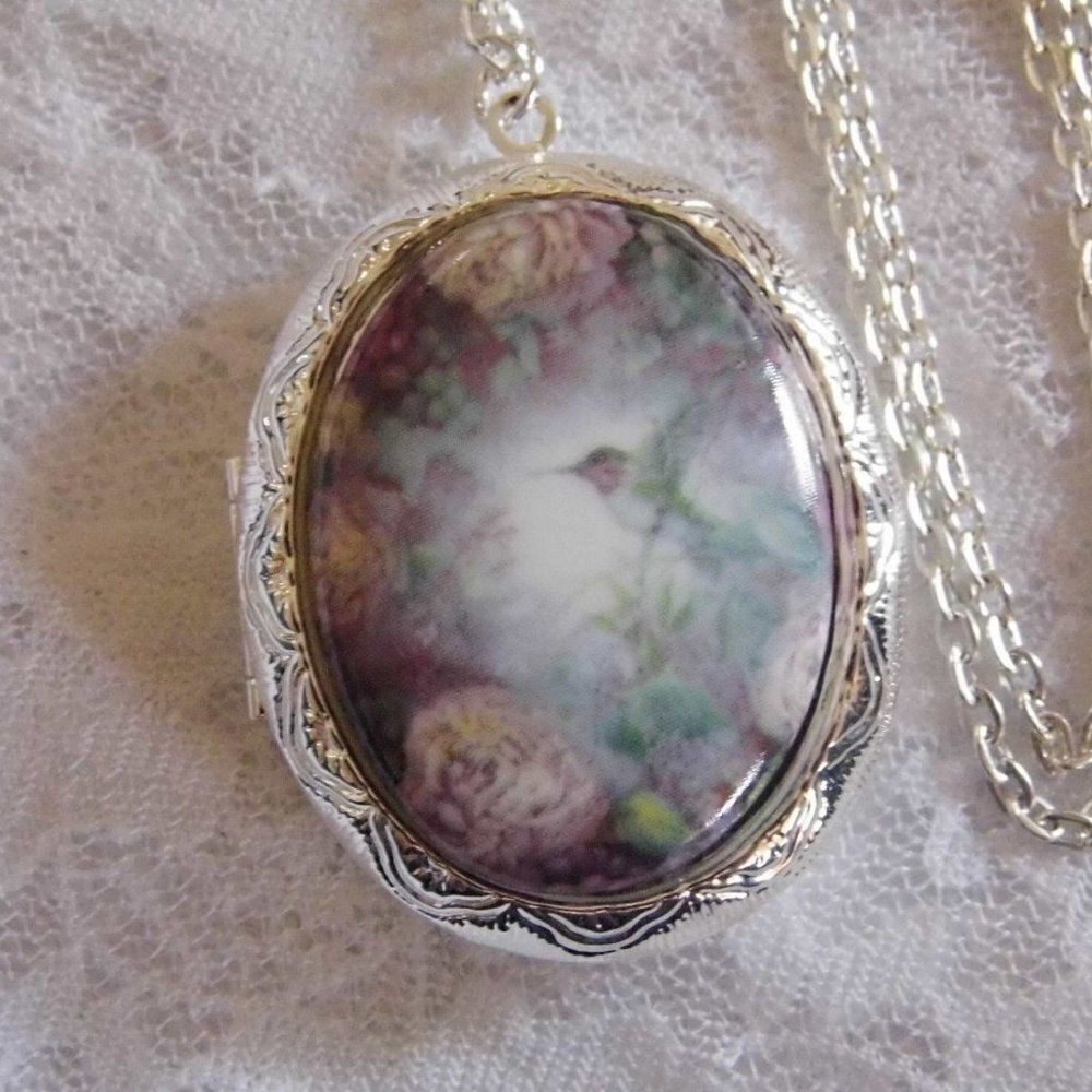 Birthday Gift Mom Grandma Wife Porcelain Hummingbird Locket Necklace Large Photo